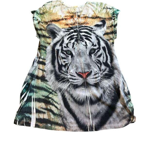 Y2K White Stripe Tiger Tee Womens Small Sequins Lightweight Glam Casual Shirt - Picture 5 of 5